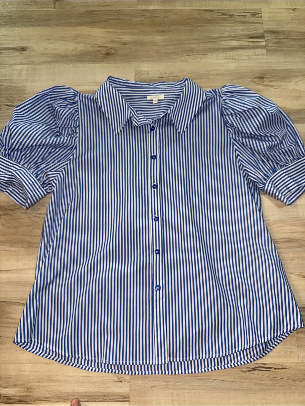 JODIFL Blue and White Striped Puff-Sleeve Button-Down Shirt